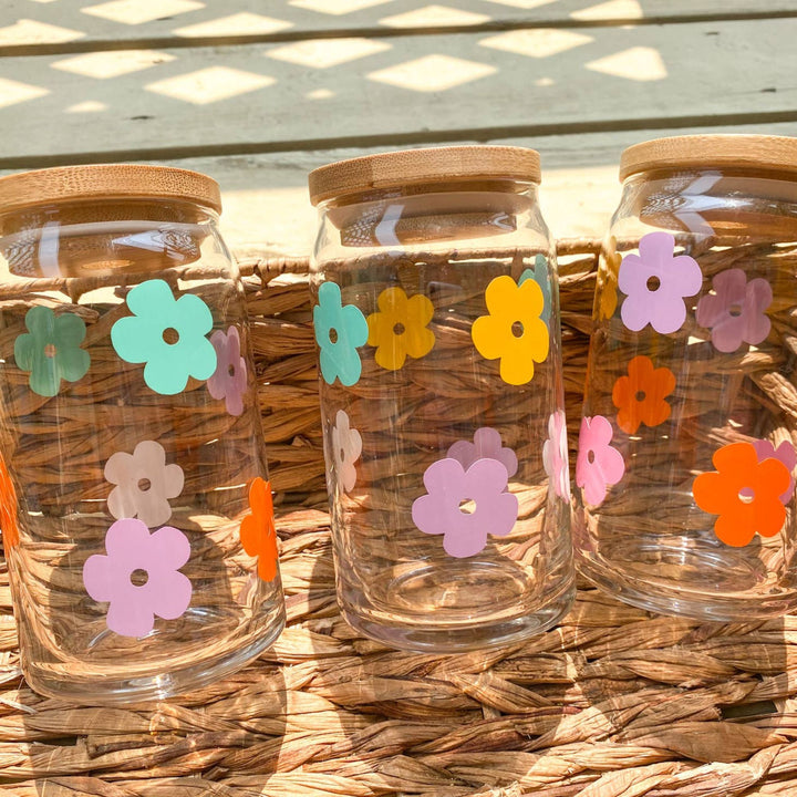 Multicolored Retro Flower Can Glass Cup Fresh Florals