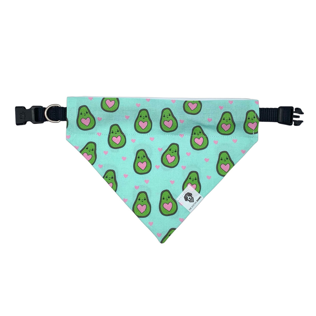 Slip-on dog bandana with avocados and hearts on white background