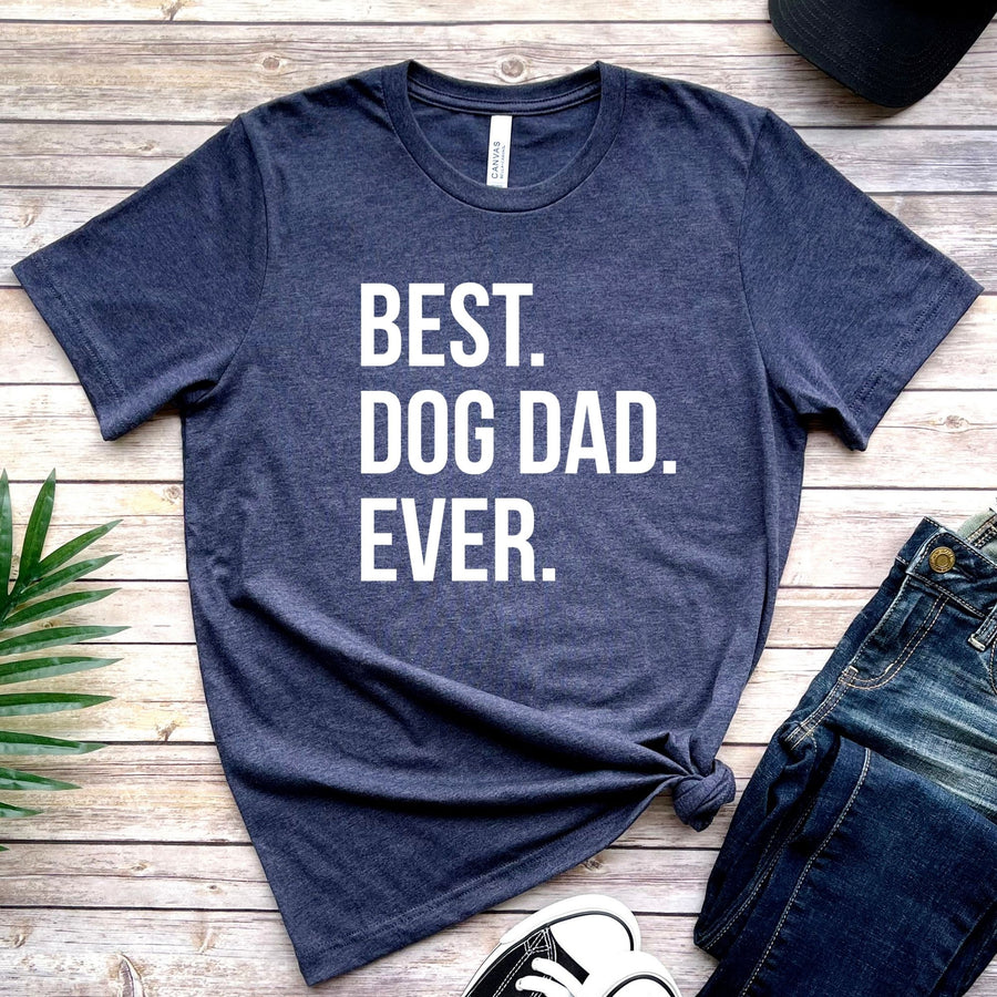 Blue T-shirt with 'Best Dog Dad Ever' print.