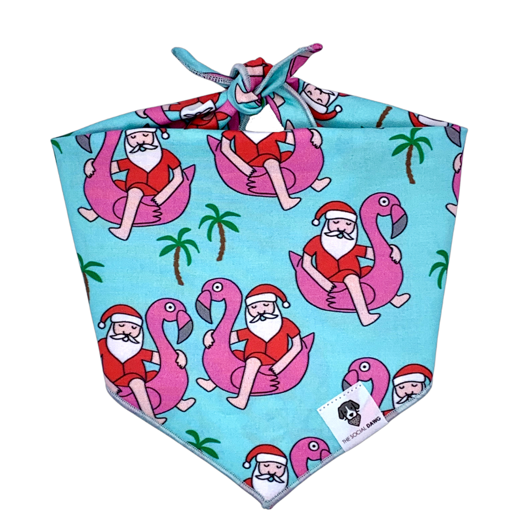 Christmas in Florida turquoise Santa flamingo tie-on bandana