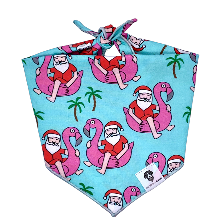 Christmas in Florida turquoise Santa flamingo tie-on bandana
