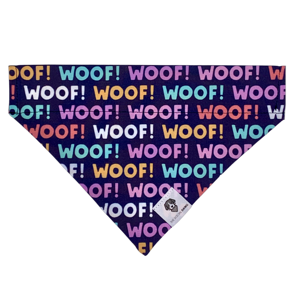 Colorful woof slip on dog bandana