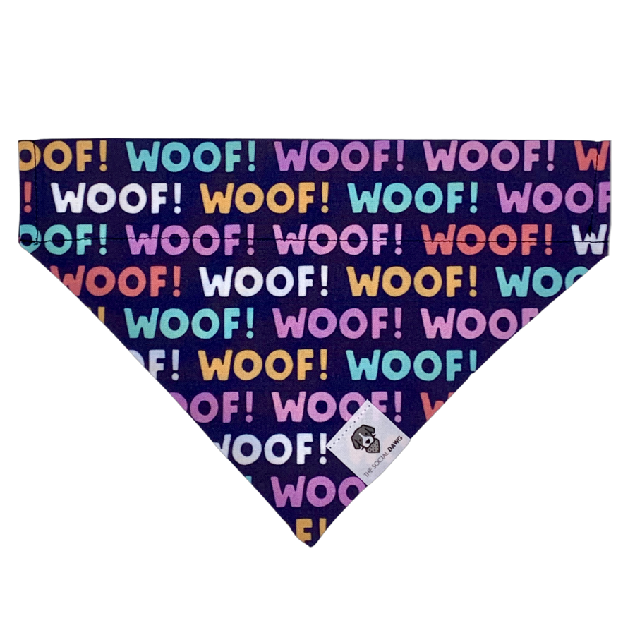 Colorful woof slip on dog bandana