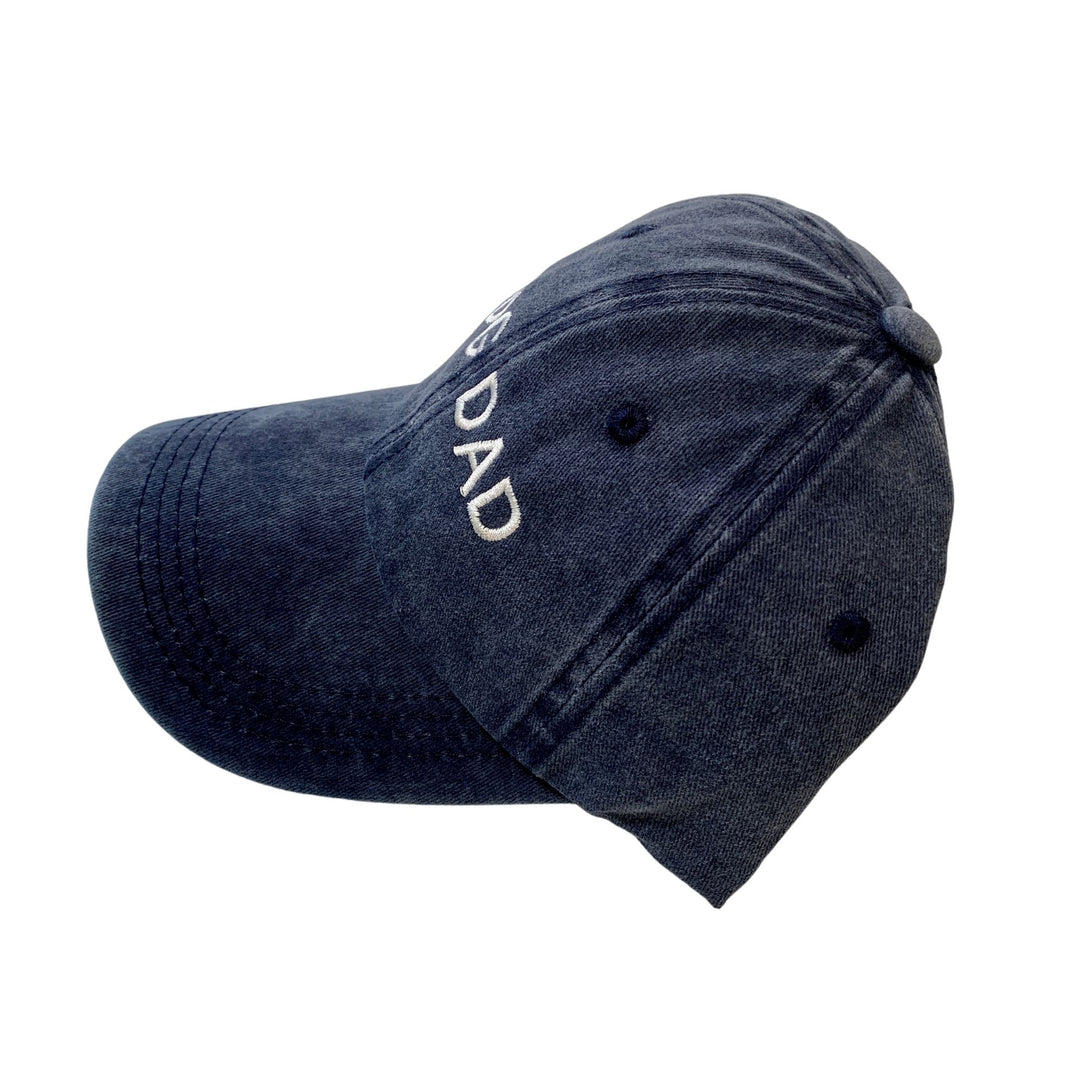 Navy embroidered Dog Dad hat from the side