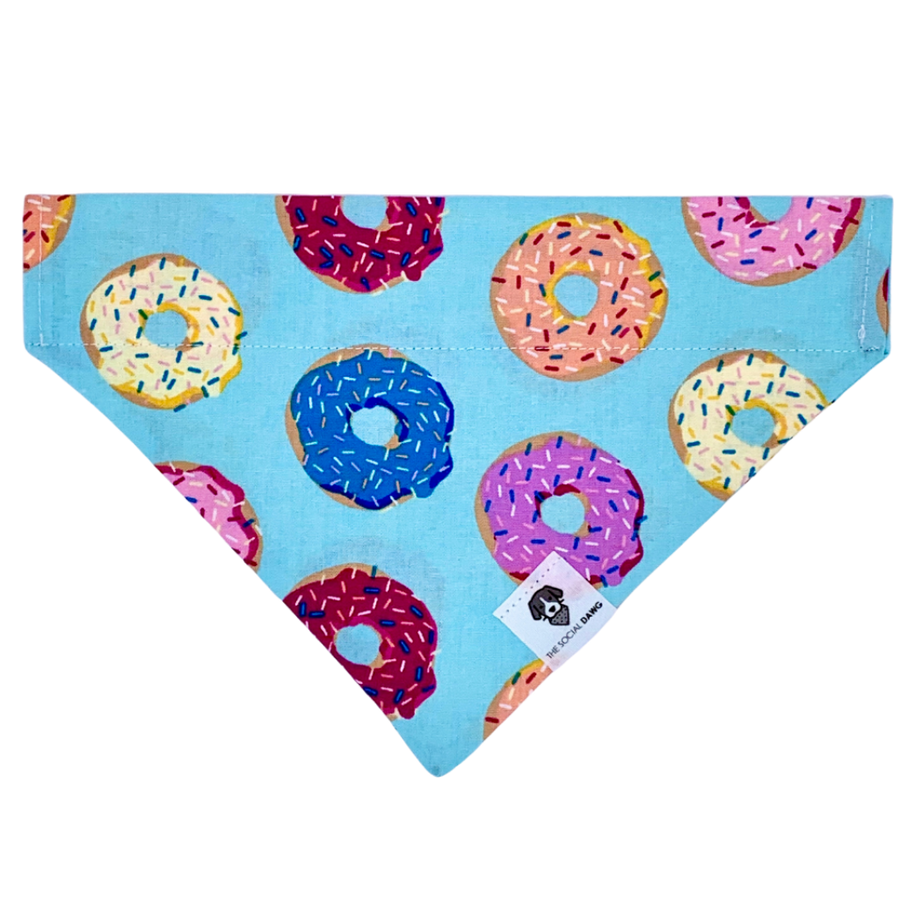 Colorful sprinkled donuts bandana on a light blue background