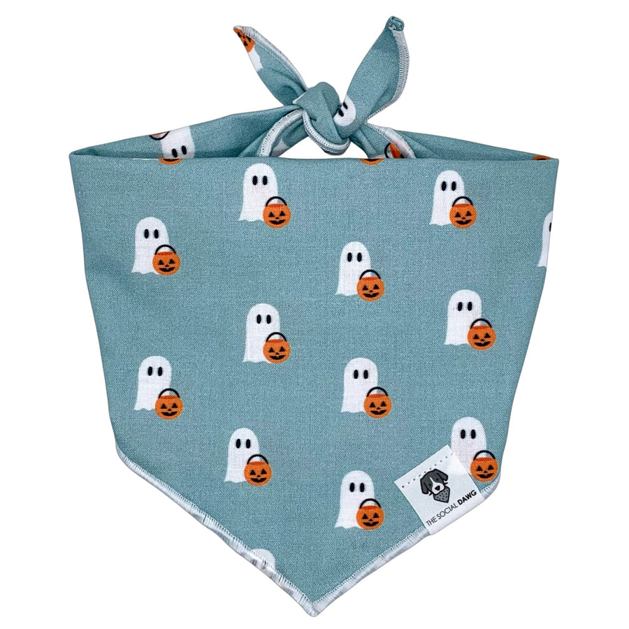 Blue dog bandana with cute trick-or-treating ghosts. 