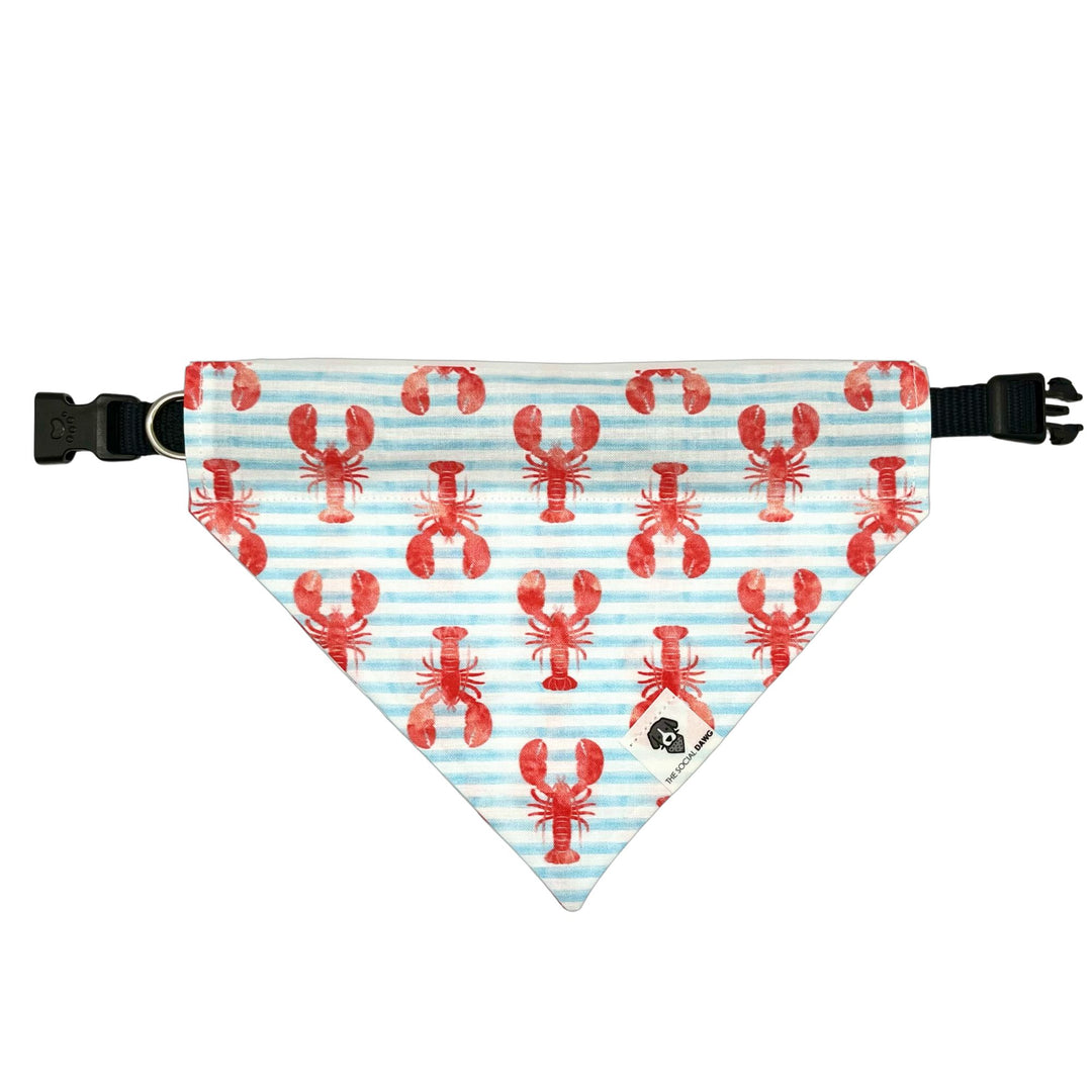 Blue & White Striped Clip-On Bandana with Red Lobsters.