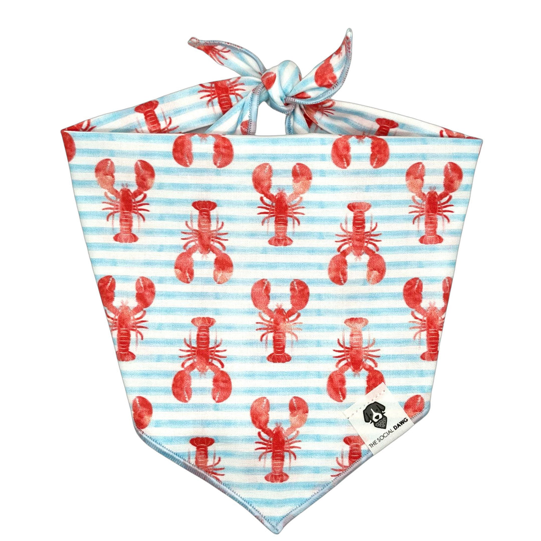 Blue & White Striped Tie-On Bandana with Red Lobsters.