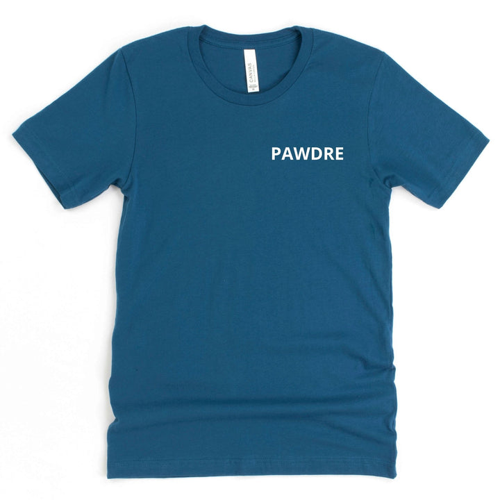 Teal, round neck t-shirt with Pawdre print