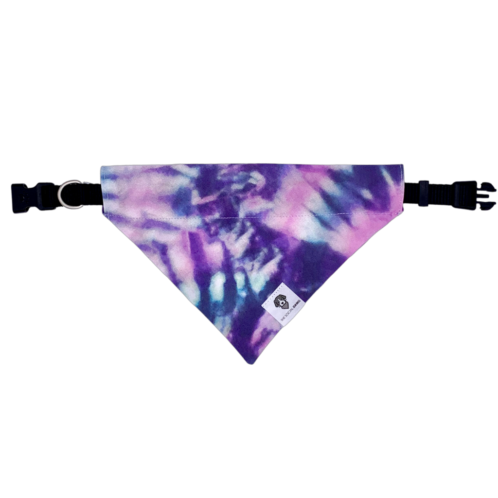 Tie-dye purple swirl over the collar dog bandana