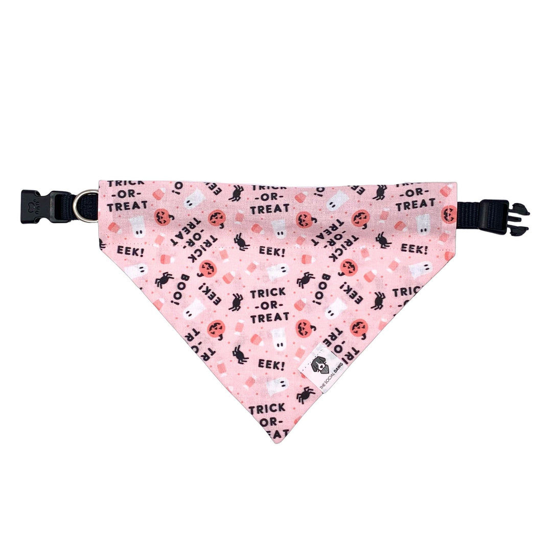 Pink trick-or-treat halloween slip-on dog bandana